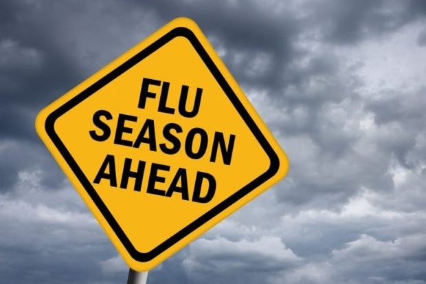 Yellow sign with "Flu Season Ahead" written on it
