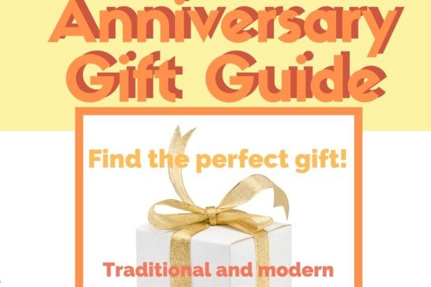 Anniversary Gift Guide with box wrapped in white paper and a gold bow