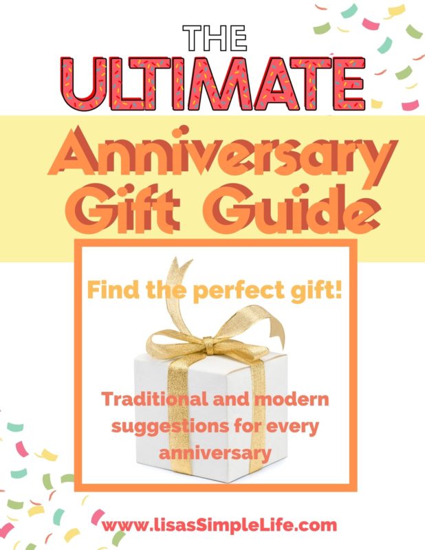 Anniversary Gift Guide with box wrapped in white paper and a gold bow